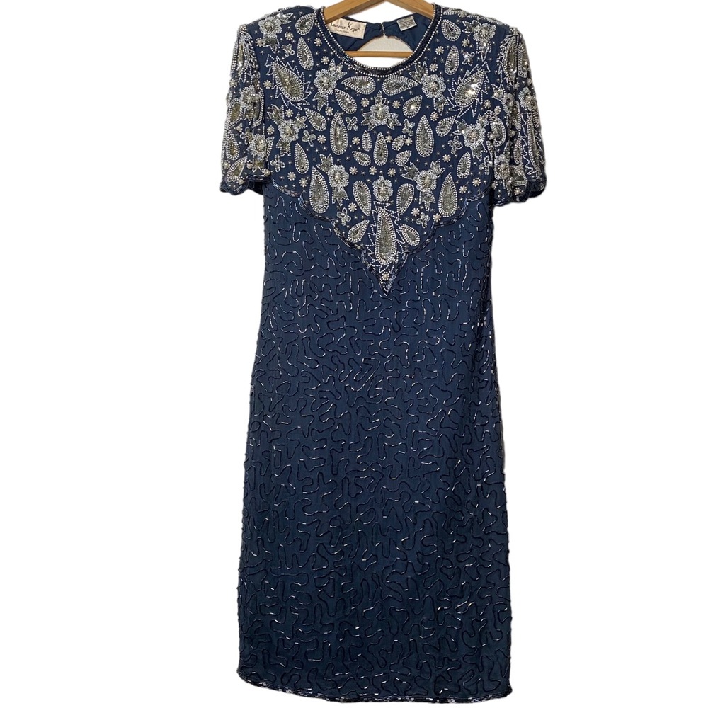 Laurence Kazar Navy Blue Silver Embellished Short Sleeve Mini Evening Dress M